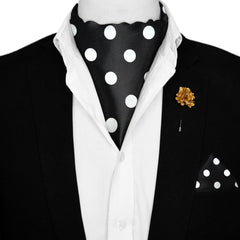 MEDIUM BLACK POLKA SILK ASCOT WITH LAPEL PIN AND POCKET SQUARE