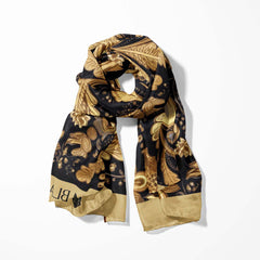 WILLIAM MORRISS GOLD AND BLACK SILK SCARF WITH LAPEL PIN AND POCKET SQUARE