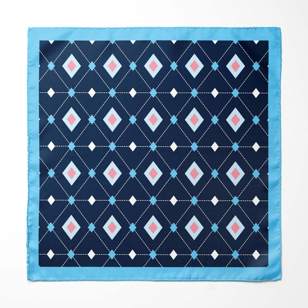 DIAMOND BLUE GEOMETRIC SILK SCARF WITH LAPEL PIN AND POCKET SQUARE
