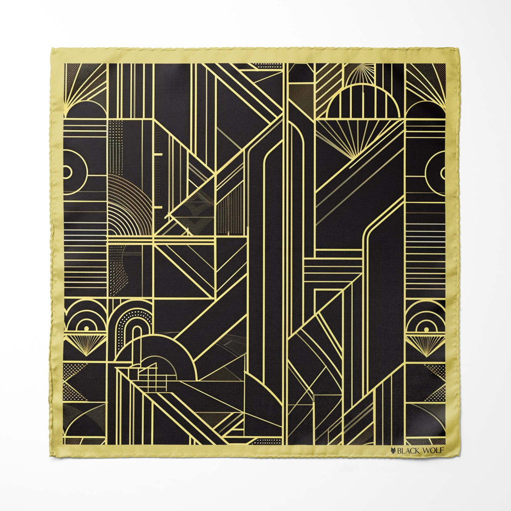 CHIC GOLDEN SILK SCARF WITH LAPEL PIN AND POCKET SQUARE