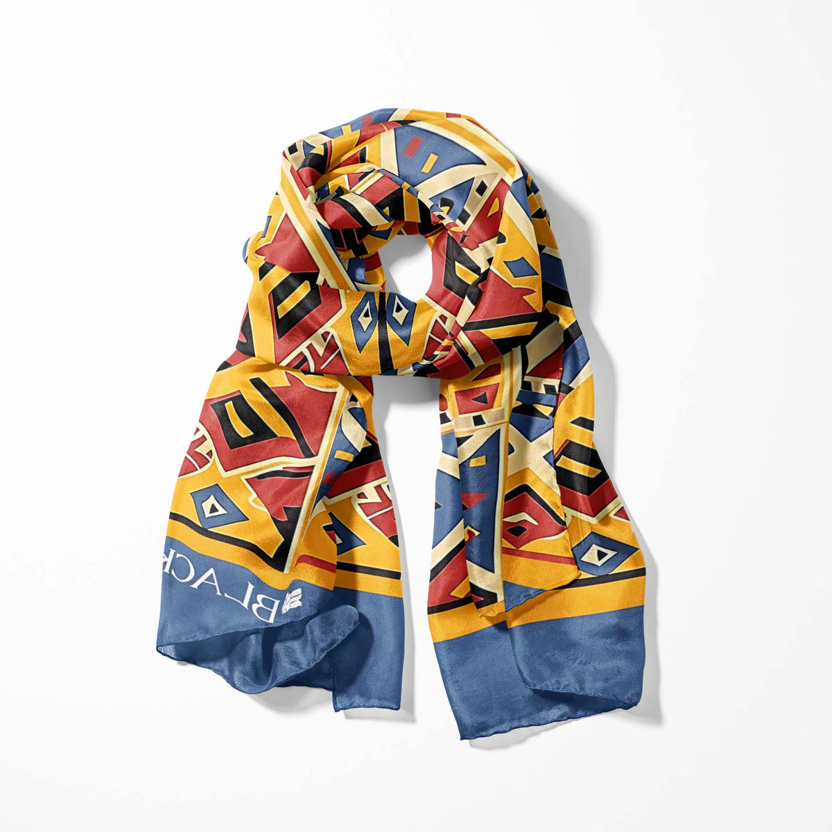 GEOMETRIC TRIBAL PATTERN SILK SCARF WITH LAPEL PIN AND POCKET SQUARE
