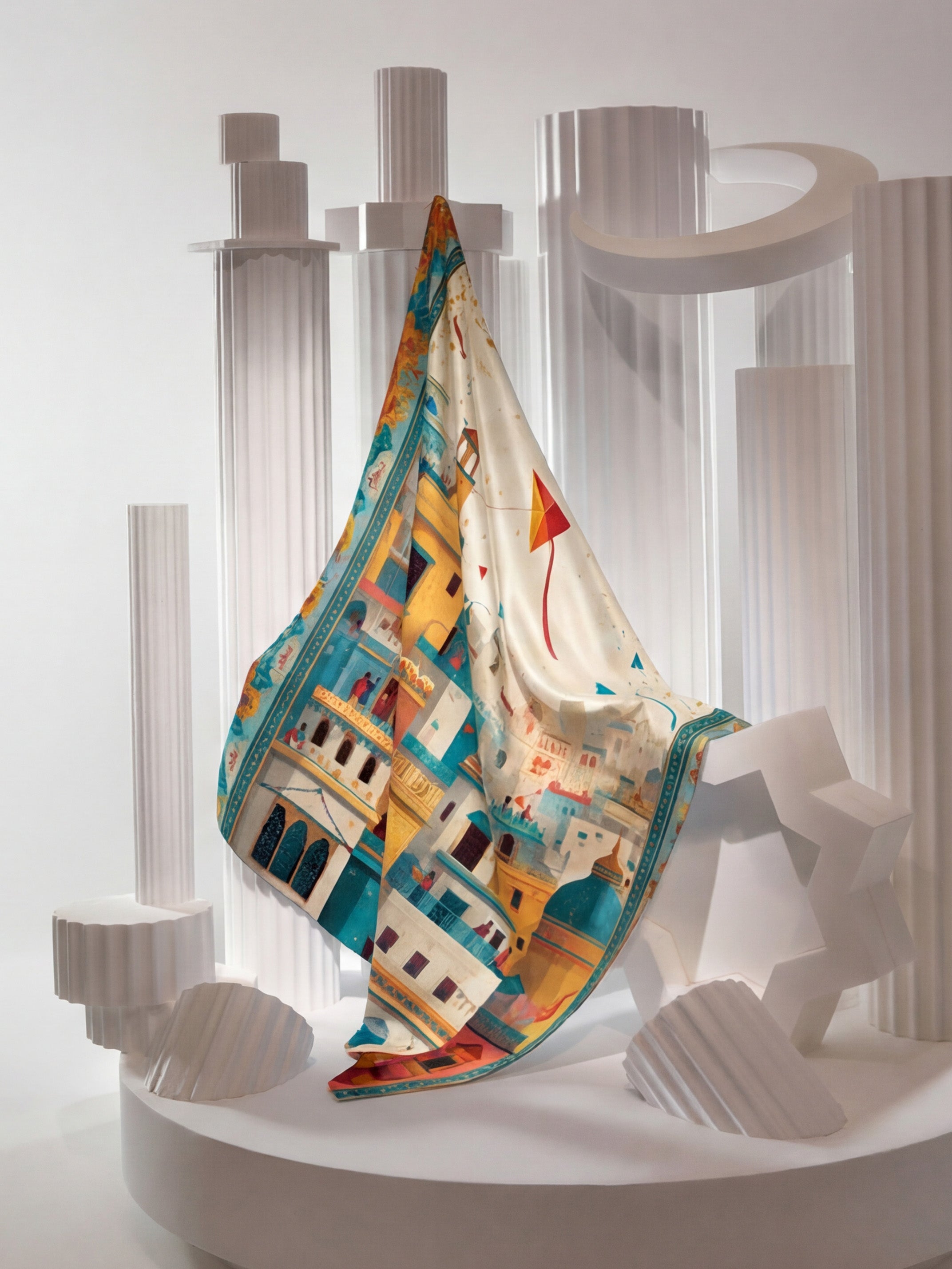 Old Lahore Basant Kite Festival Scarf – Colorful Cityscape Illustration Scarf