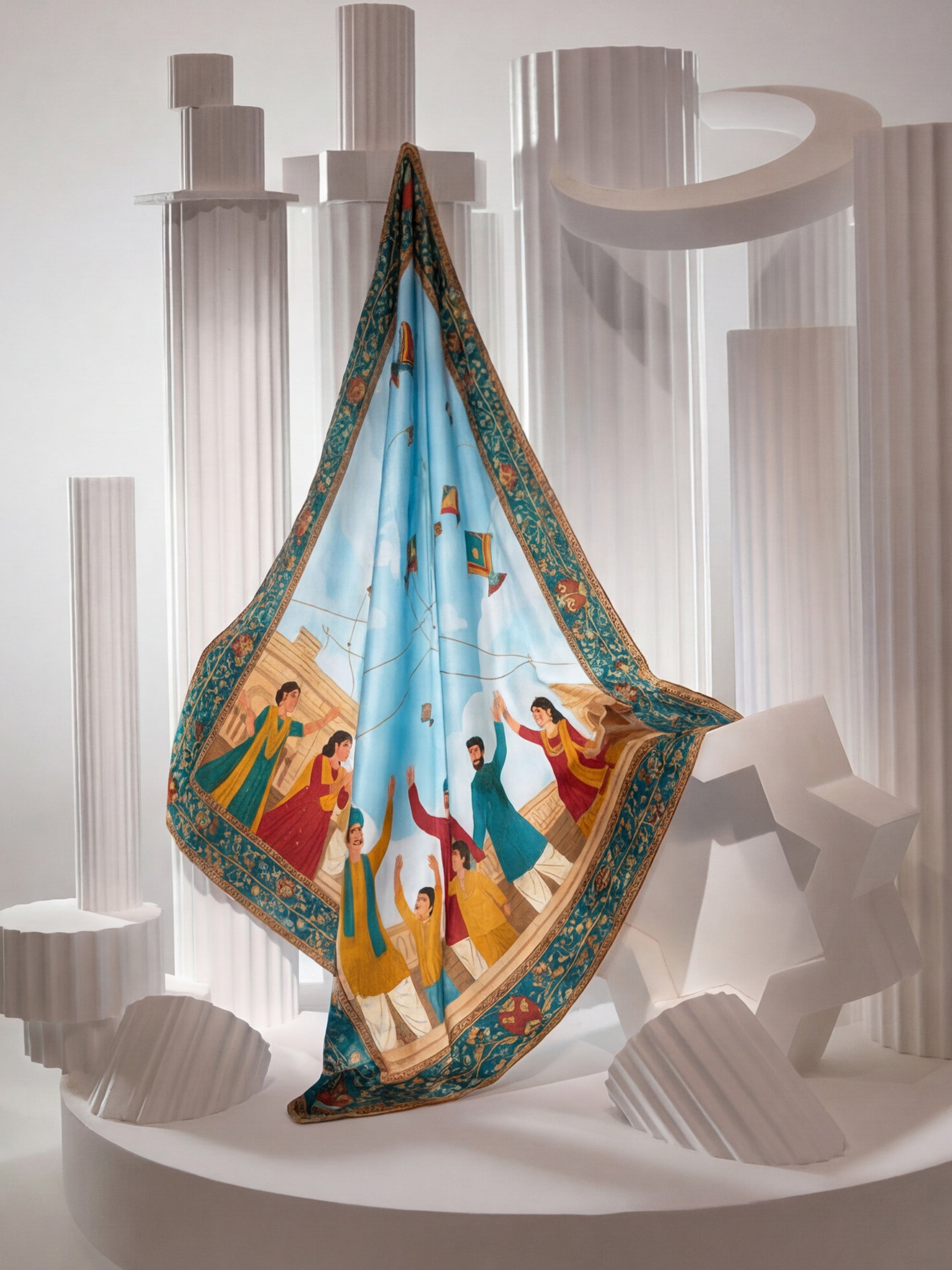 Lahore Basant Mela Illustrated Scarf – Family Kite Festival Art Scarf
