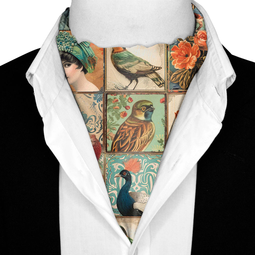 BIRD COLLAGE SILK ASCOT WITH LAPEL PIN AND POCKET SQUARE