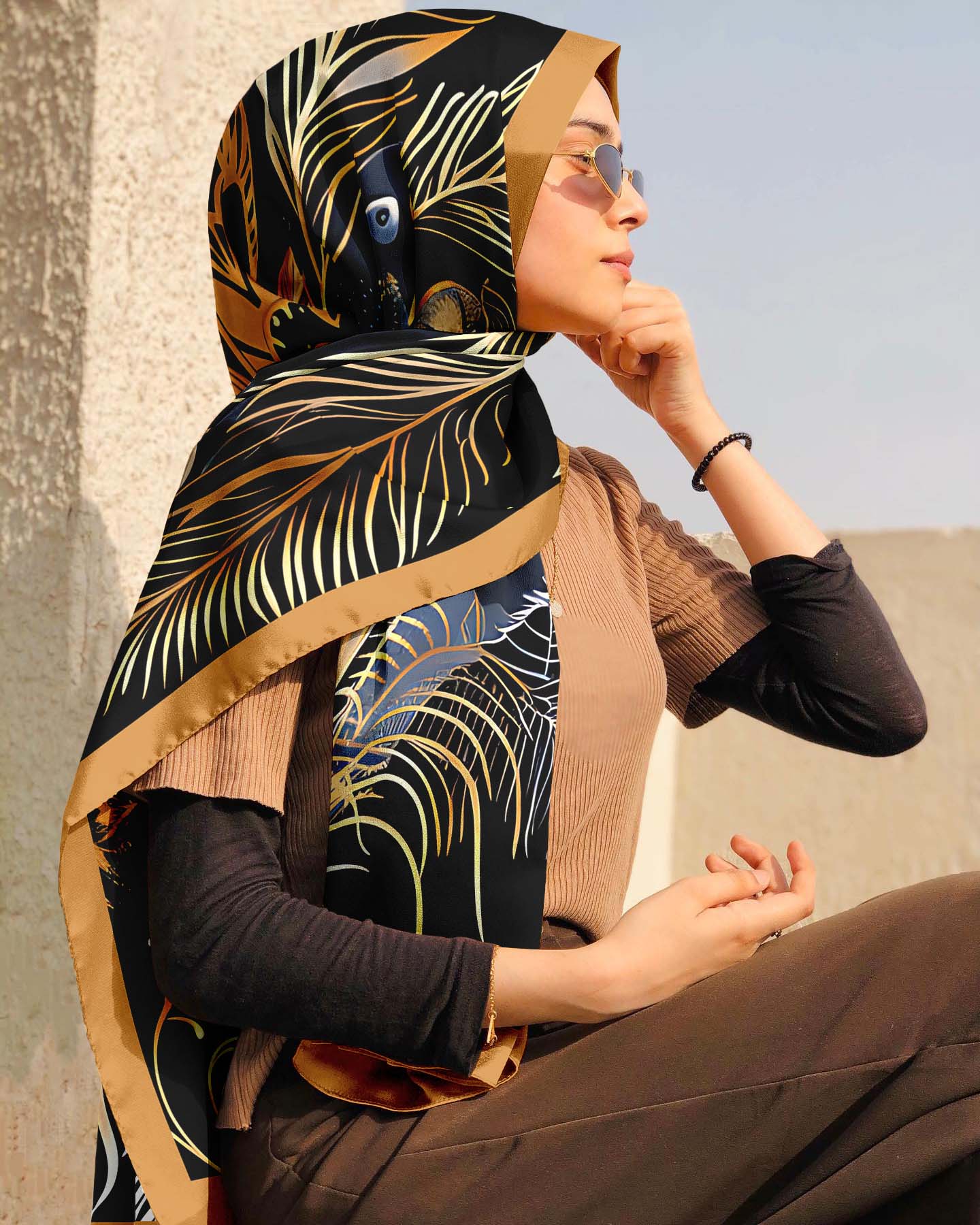 DARK BLUE FEATHERS PATTERN SILK WOMEN HIJAB - PREMIUM COLLECTION