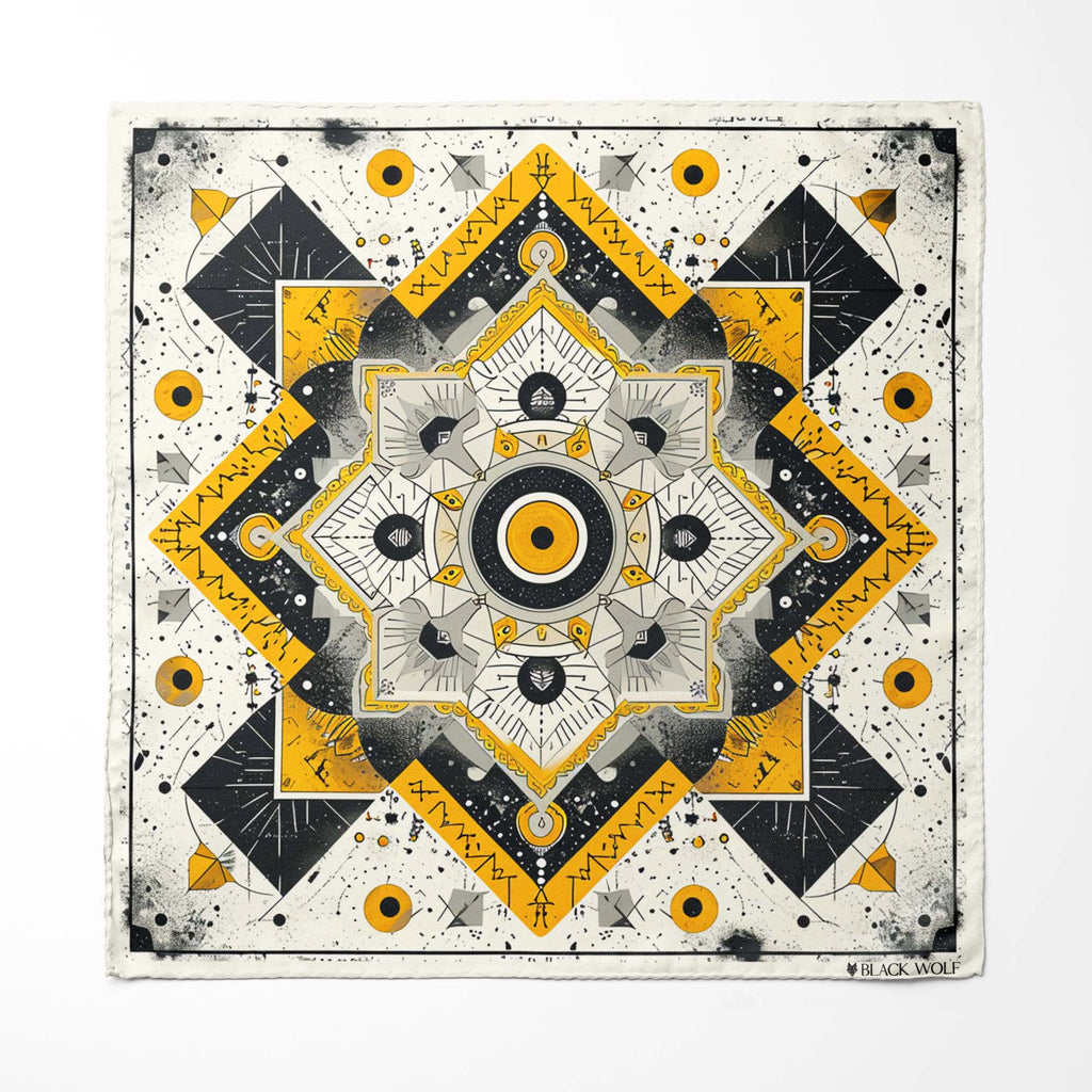 ETHNIC ABSTRACT SILK ASCOT WITH LAPEL PIN AND POCKET SQUARE