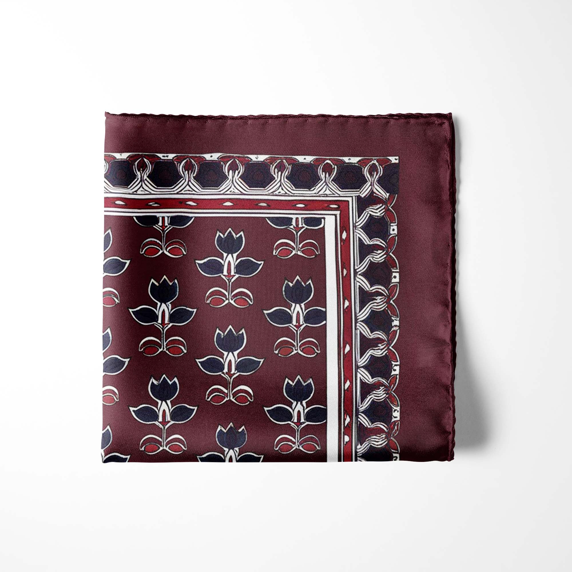 MAROON BASE FLORAL SILK POCKET SQUARE