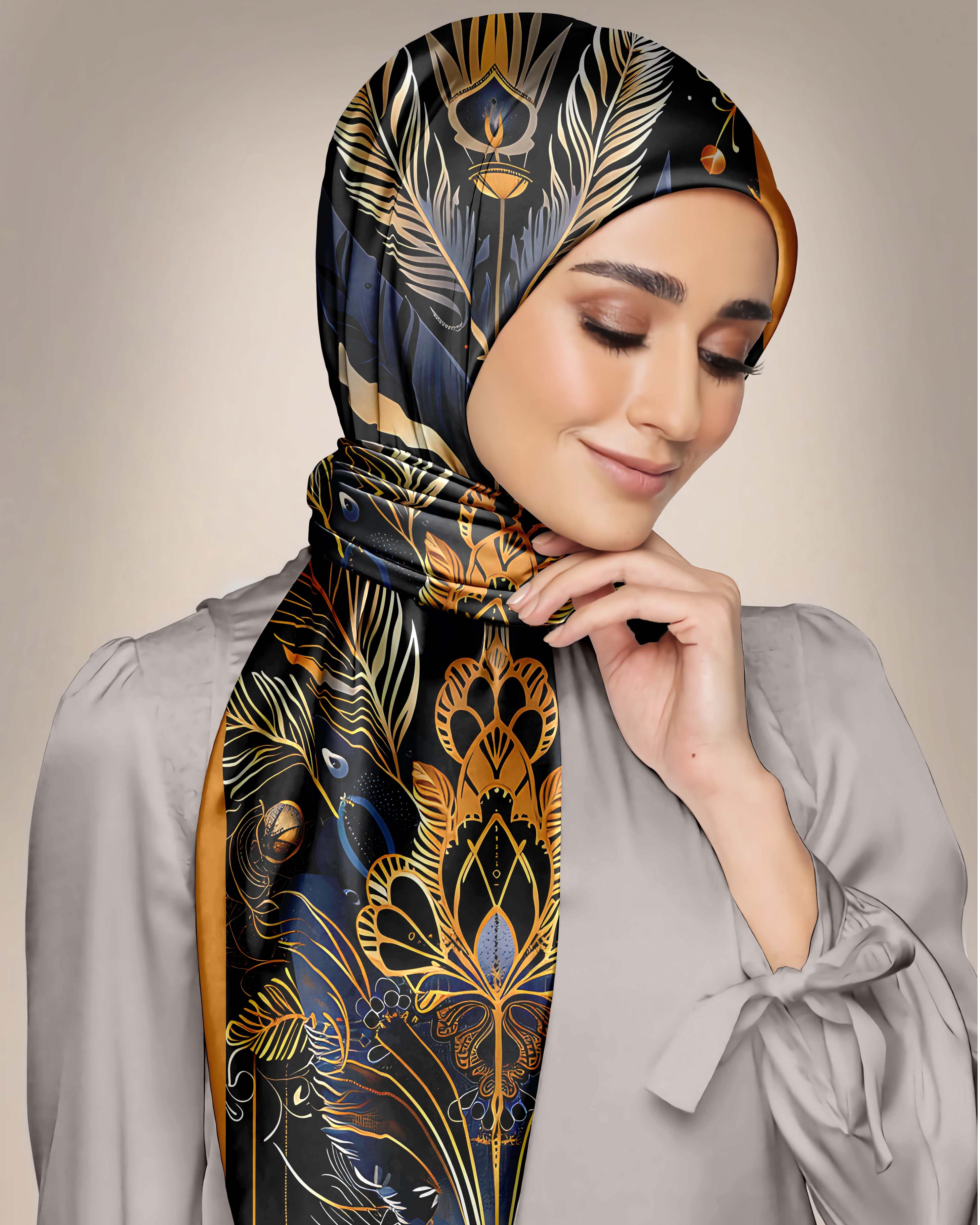 DARK BLUE FEATHERS PATTERN SILK WOMEN HIJAB - PREMIUM COLLECTION
