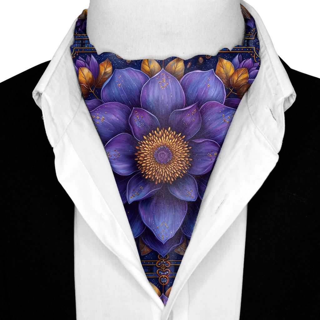 BLUE EXOTIC SILK ASCOT WITH LAPEL PIN AND POCKET SQUARE
