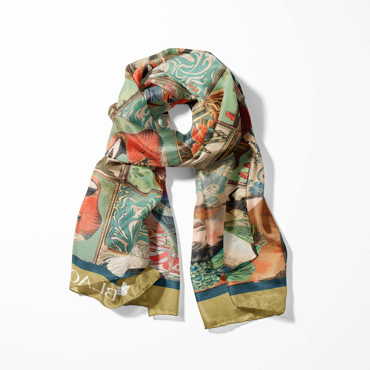 BIRD COLLAGE SILK SCARF WITH LAPEL PIN AND POCKET SQUARE