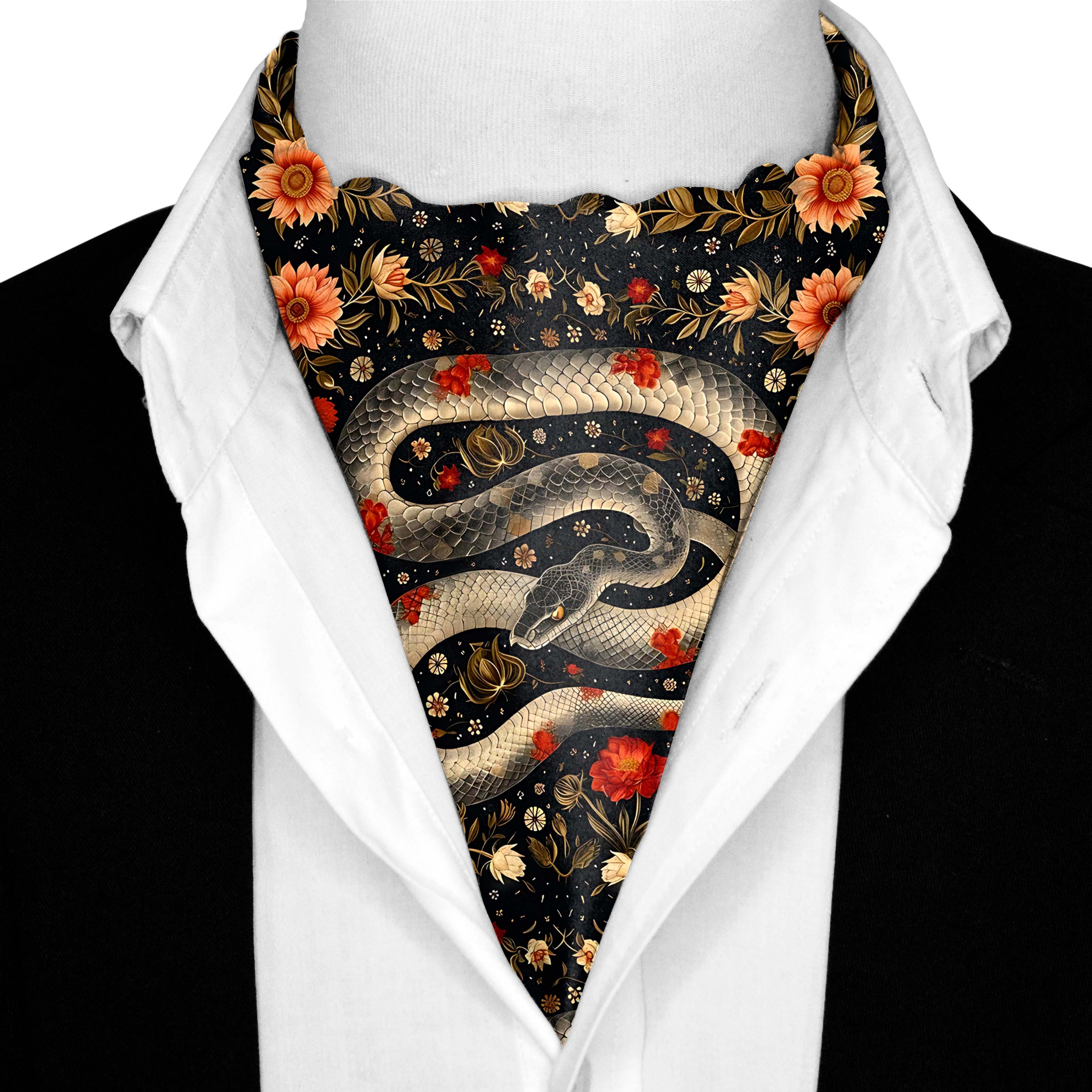 HYPERREALISTIC JAPANESE SNAKE ART SILK ASCOT WITH LAPEL PIN AND POCKET SQUARE