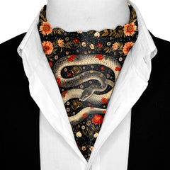 HYPERREALISTIC JAPANESE SNAKE ART SILK ASCOT WITH LAPEL PIN AND POCKET SQUARE