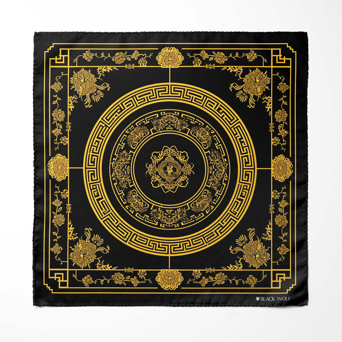 GOLDEN BAROQUE SILK ASCOT WITH LAPEL PIN AND POCKET SQUARE