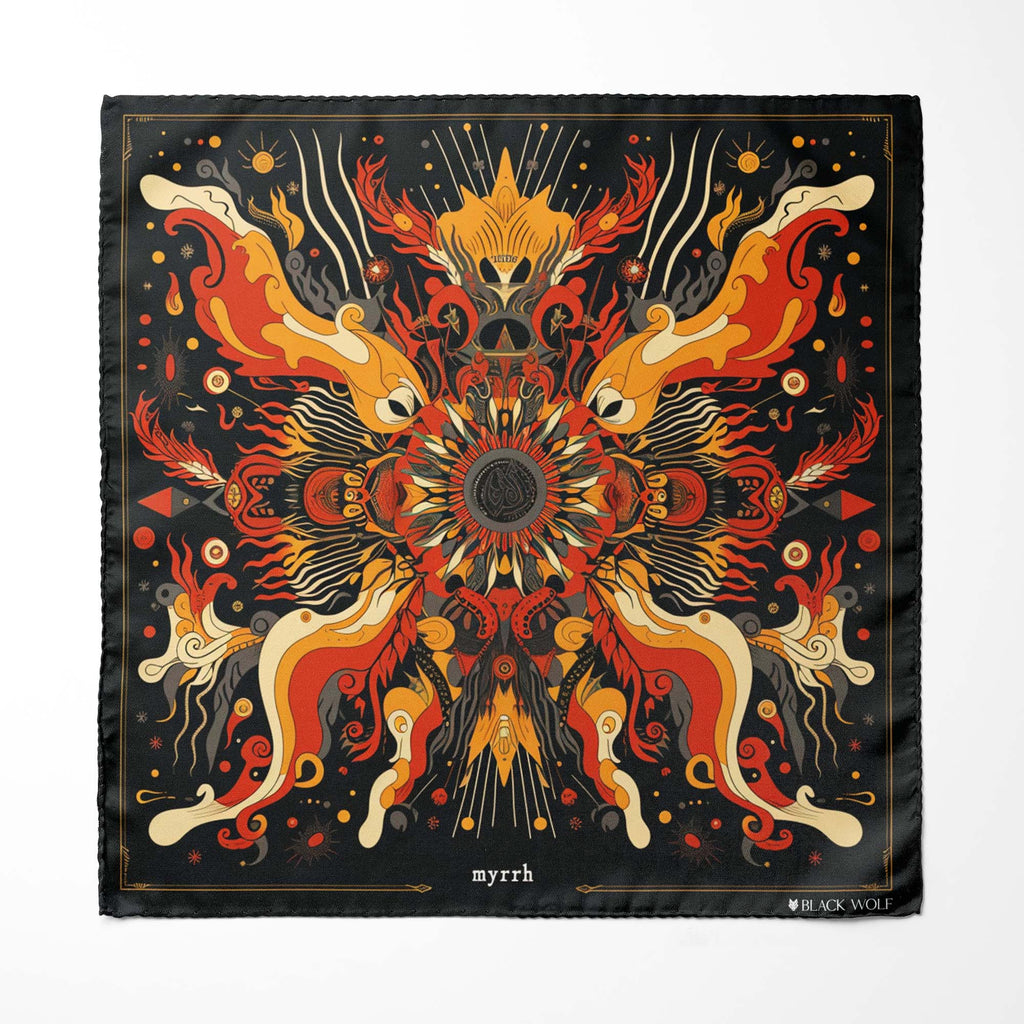 FIRE DRAGON SILK ASCOT WITH LAPEL PIN AND POCKET SQUARE