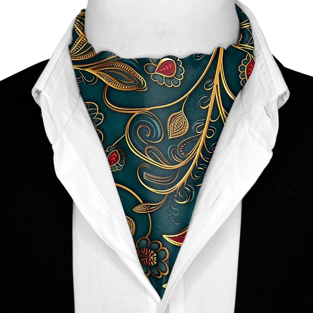 INTRICATE BOHEMIAN SILK ASCOT WITH LAPEL PIN AND POCKET SQUARE