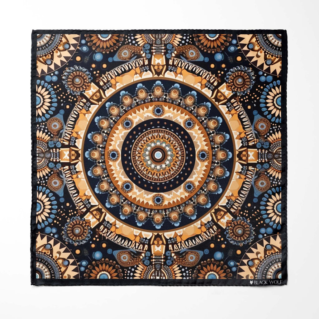 ETHNIC TRIBAL ROUND SILK SCARF WITH LAPEL PIN AND POCKET SQUARE