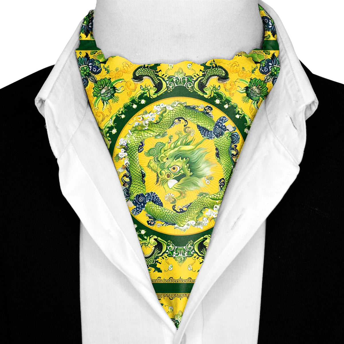 CHINESE DRAGON SILK ASCOT WITH LAPEL PIN AND POCKET SQUARE