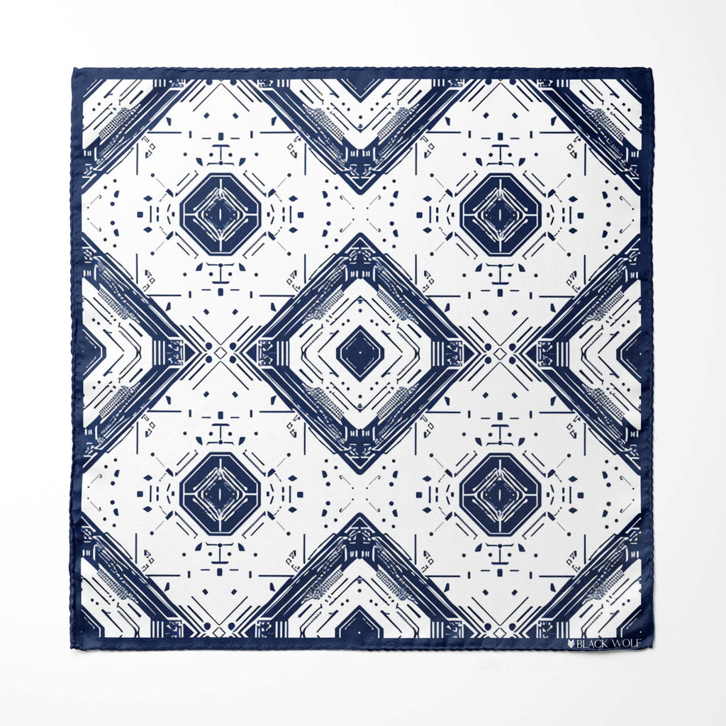 GEOMETRIC ABSTRACT SILK SCARF WITH LAPEL PIN AND POCKET SQUARE