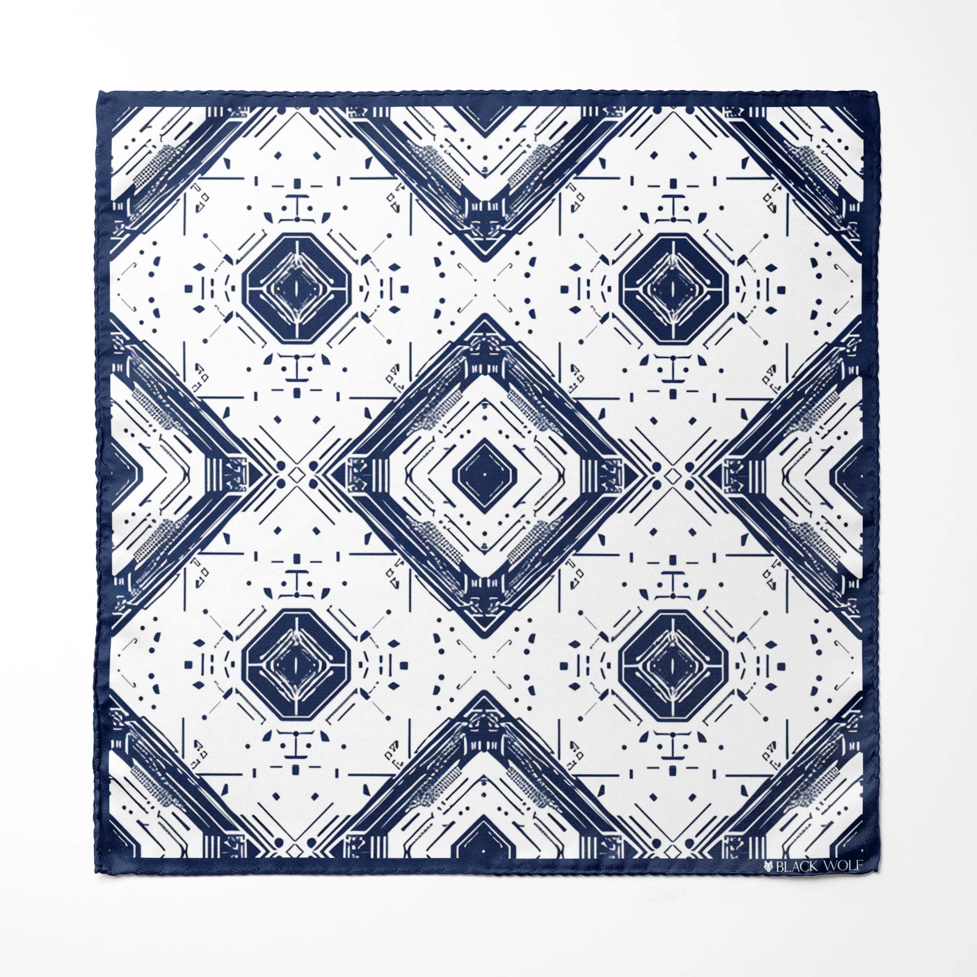 GEOMETRIC ABSTRACT SILK ASCOT WITH LAPEL PIN AND POCKET SQUARE