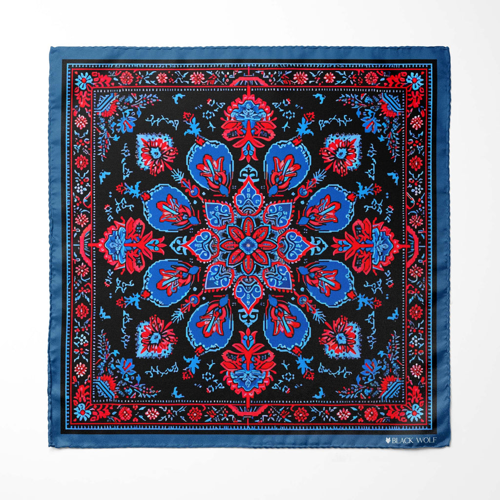 FOLKART QUILT SILK ASCOT WITH LAPEL PIN AND POCKET SQUARE