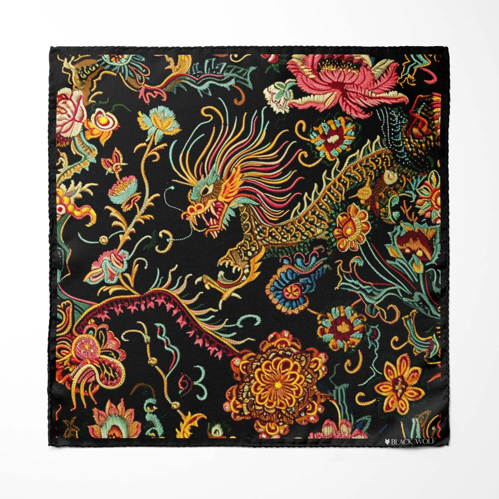 JAPANESE CULTURE SILK ASCOT WITH LAPEL PIN AND POCKET SQUARE