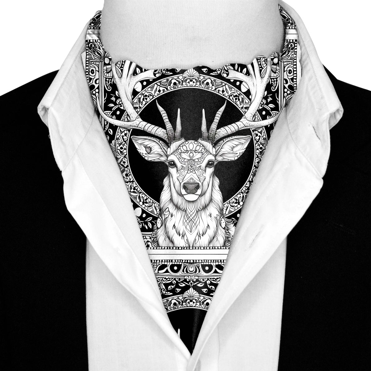 DEER HEAD SILK ASCOT WITH LAPEL PIN AND POCKET SQUARE
