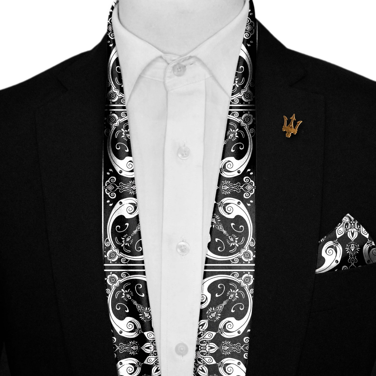 BEED DESIGN SILK SCARF WITH LAPEL PIN AND POCKET SQUARE