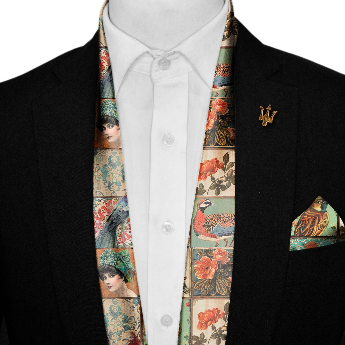 BIRD COLLAGE SILK SCARF WITH LAPEL PIN AND POCKET SQUARE