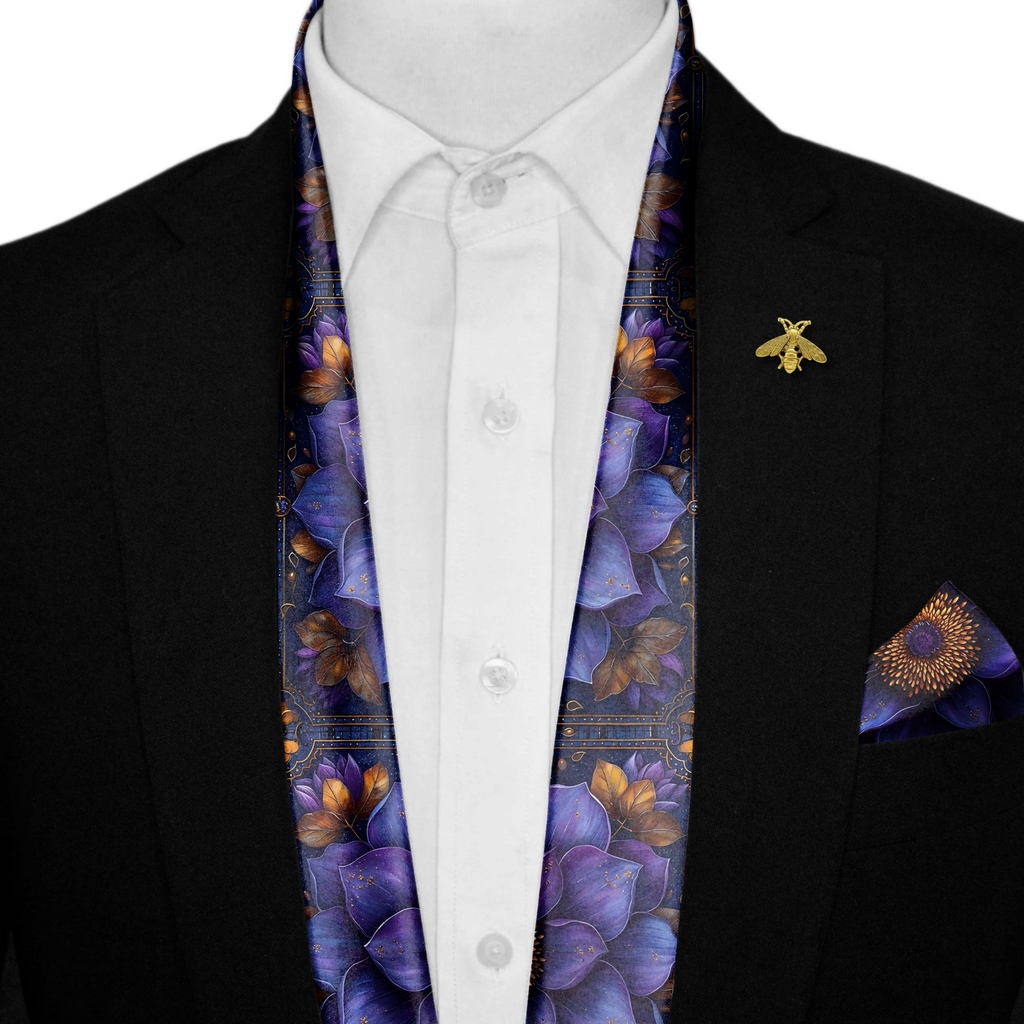 BLUE EXOTIC SILK SCARF WITH LAPEL PIN AND POCKET SQUARE