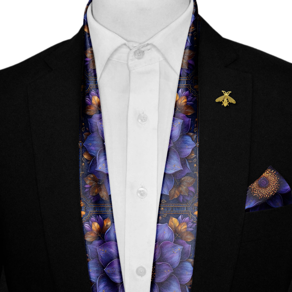 BLUE EXOTIC SILK SCARF WITH LAPEL PIN AND POCKET SQUARE
