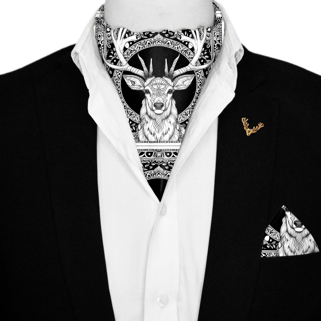 DEER HEAD SILK ASCOT WITH LAPEL PIN AND POCKET SQUARE