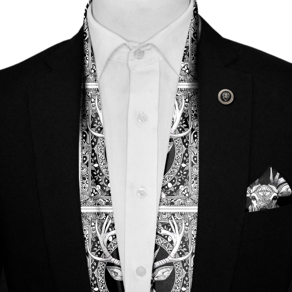 DEER HEAD SILK SCARF WITH LAPEL PIN AND POCKET SQUARE