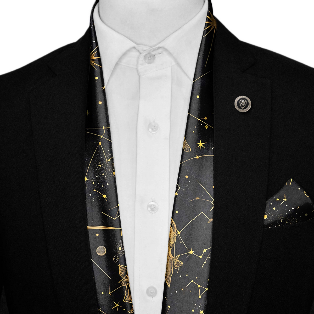 DEER SUN SILK SCARF WITH LAPEL PIN AND POCKET SQUARE