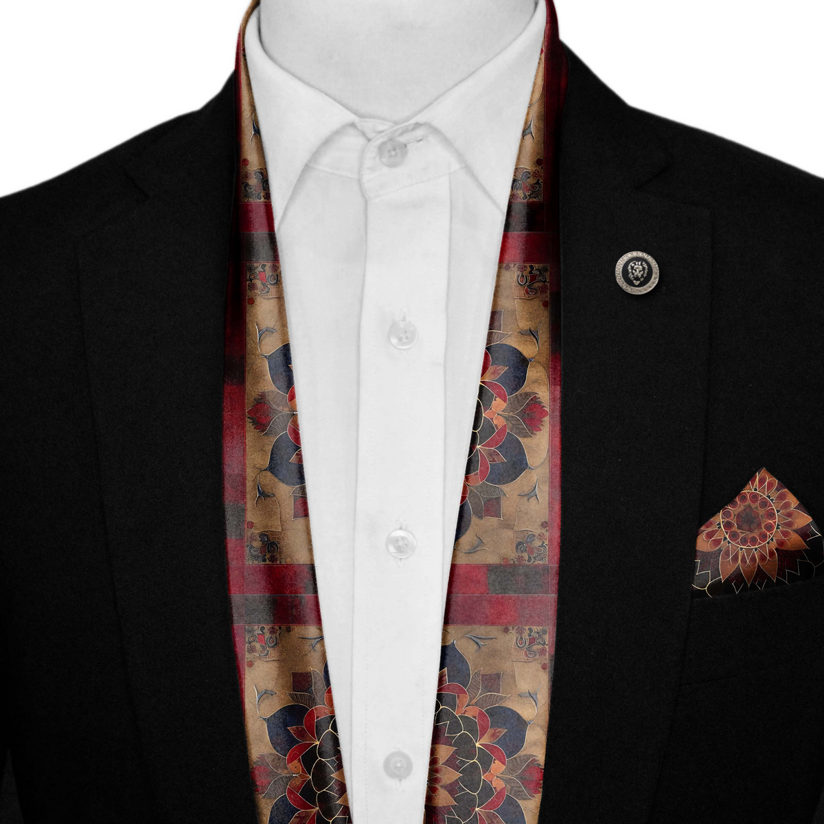 DONNA POBUK SILK SCARF WITH LAPEL PIN AND POCKET SQUARE