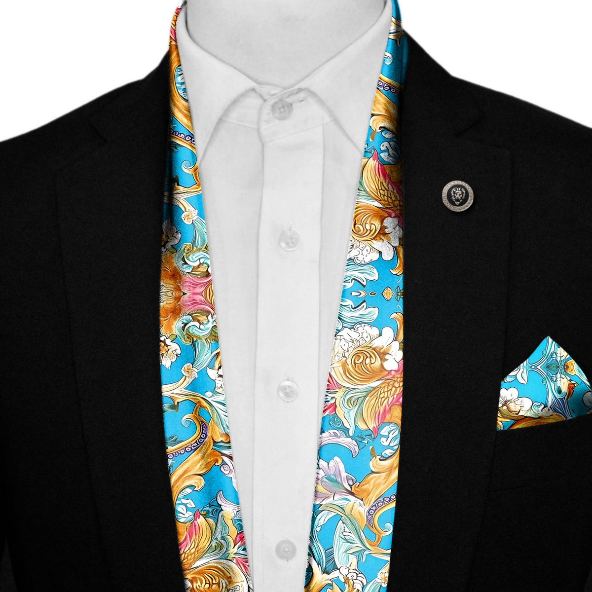 ELEGANCE COLORFUL FLORAL SILK SCARF WITH LAPEL PIN AND POCKET SQUARE