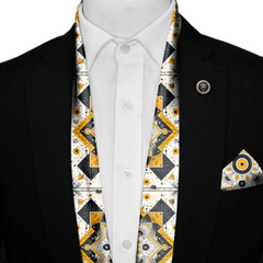 ETHNIC ABSTRACT SILK SCARF WITH LAPEL PIN AND POCKET SQUARE