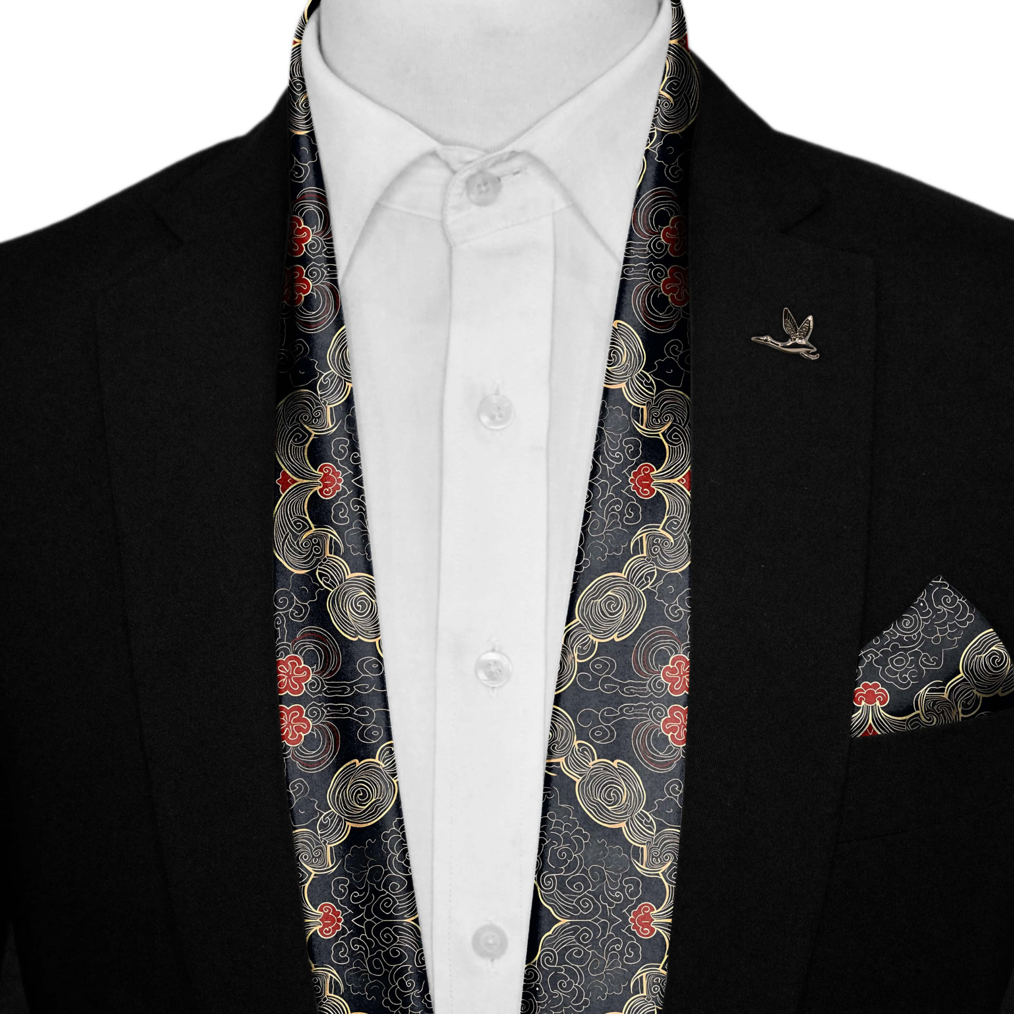ABSTRACT IKAT SILK SCARF WITH LAPEL PIN AND POCKET SQUARE