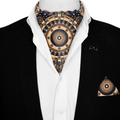 ETHNIC TRIBAL ROUND SILK ASCOT WITH LAPEL PIN AND POCKET SQUARE
