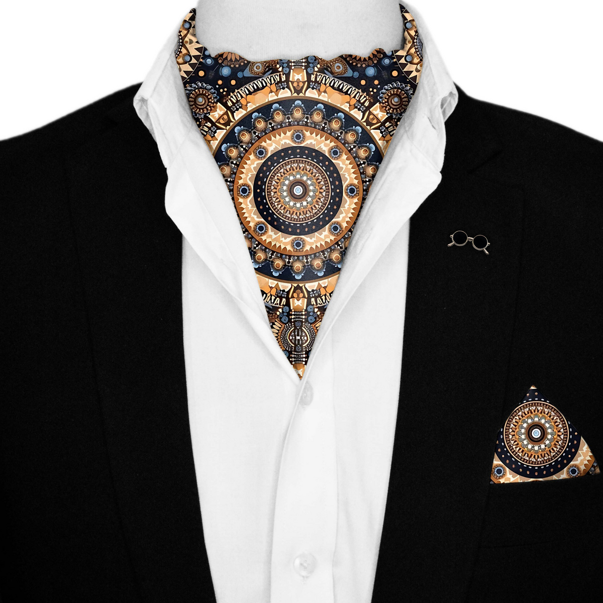 ETHNIC TRIBAL ROUND SILK ASCOT WITH LAPEL PIN AND POCKET SQUARE