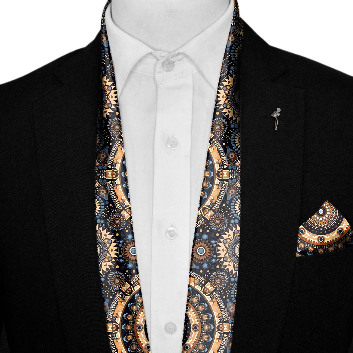 ETHNIC TRIBAL ROUND SILK SCARF WITH LAPEL PIN AND POCKET SQUARE