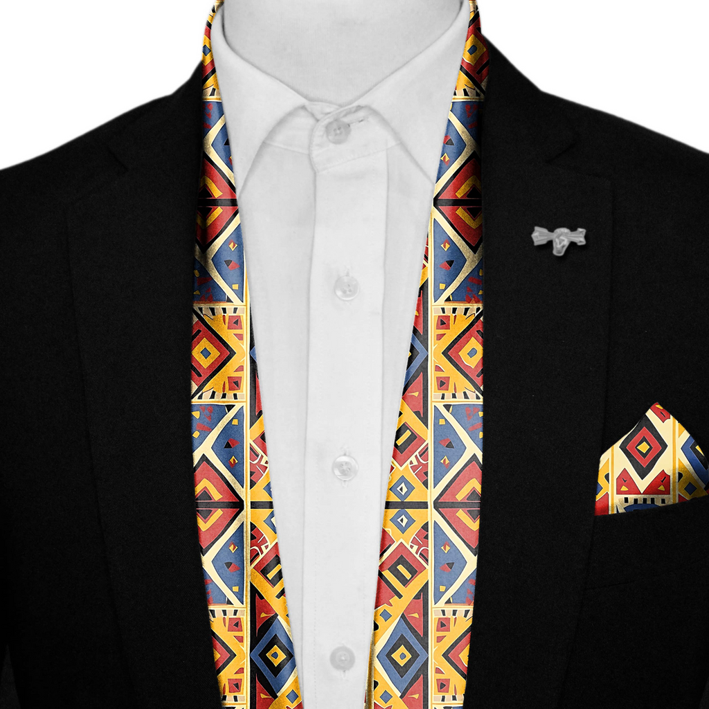 GEOMETRIC TRIBAL PATTERN SILK SCARF WITH LAPEL PIN AND POCKET SQUARE