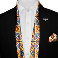 GEOMETRIC TRIBAL PATTERN SILK SCARF WITH LAPEL PIN AND POCKET SQUARE