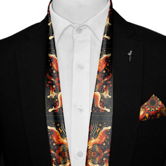 FIRE DRAGON SILK SCARF WITH LAPEL PIN AND POCKET SQUARE