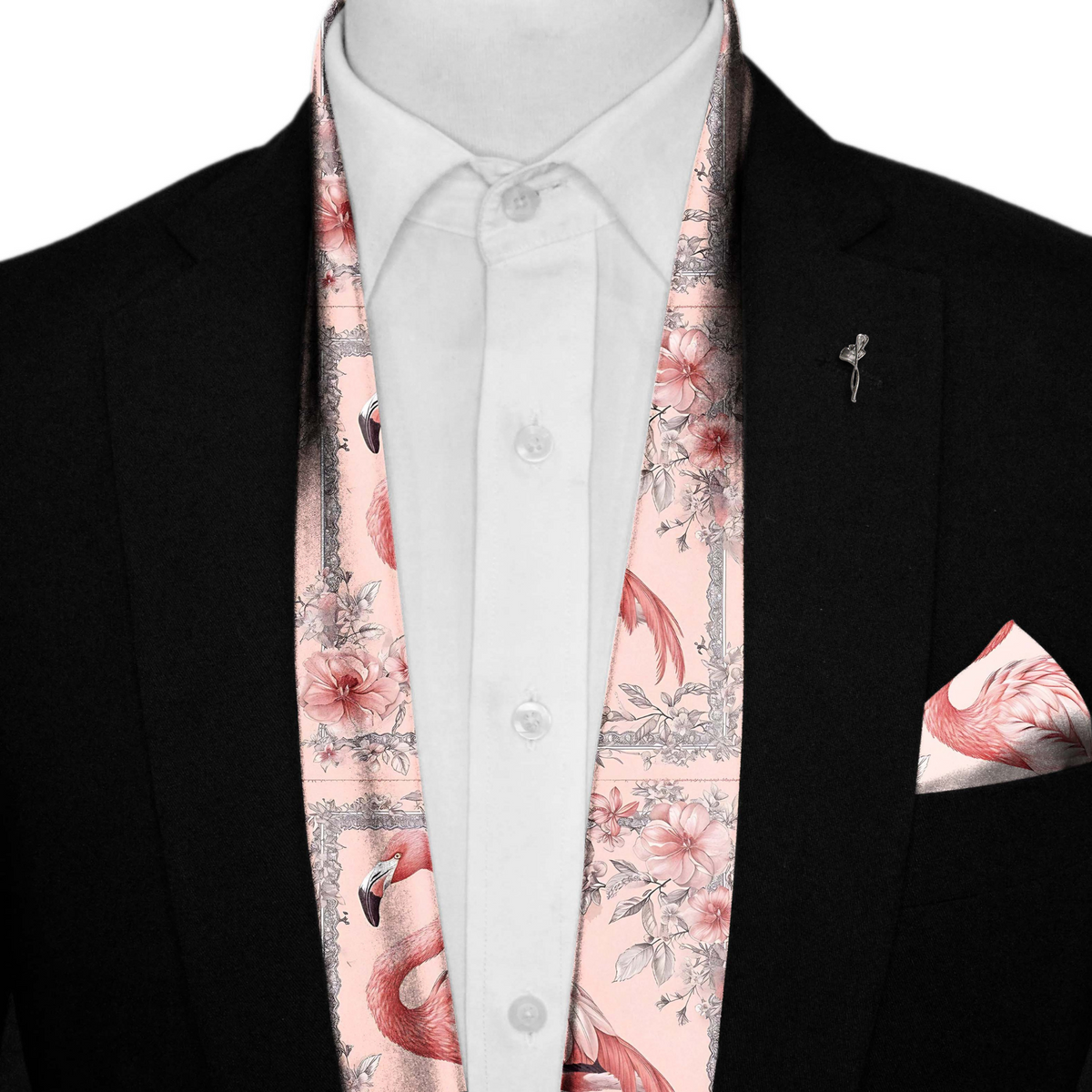 FLAMINGO SILK SCARF WITH LAPEL PIN AND POCKET SQUARE