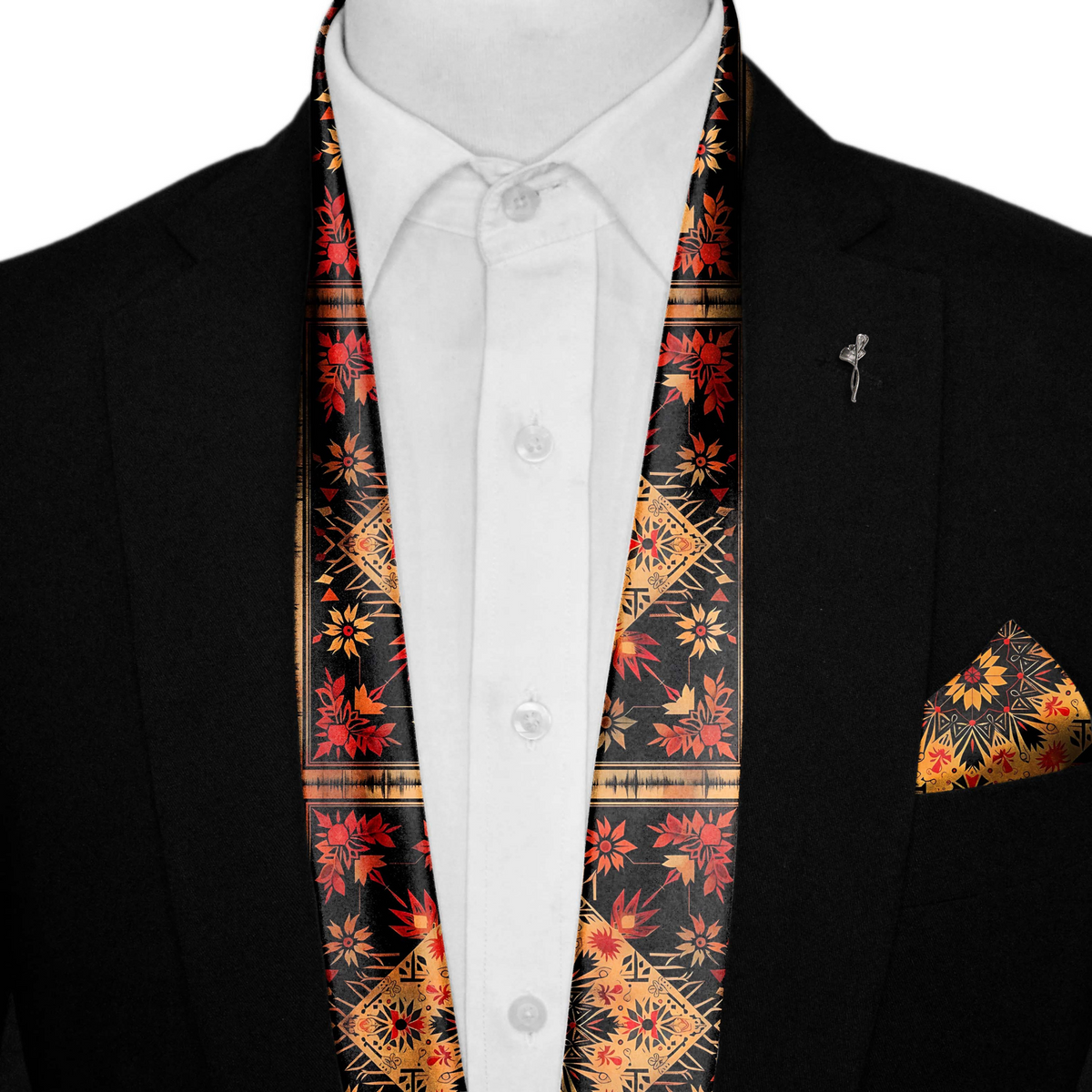 FLORAL ETHNIC ORIENTAL SILK SCARF WITH LAPEL PIN AND POCKET SQUARE