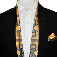 FLOWERS FOLIAGE SILK SCARF WITH LAPEL PIN AND POCKET SQUARE