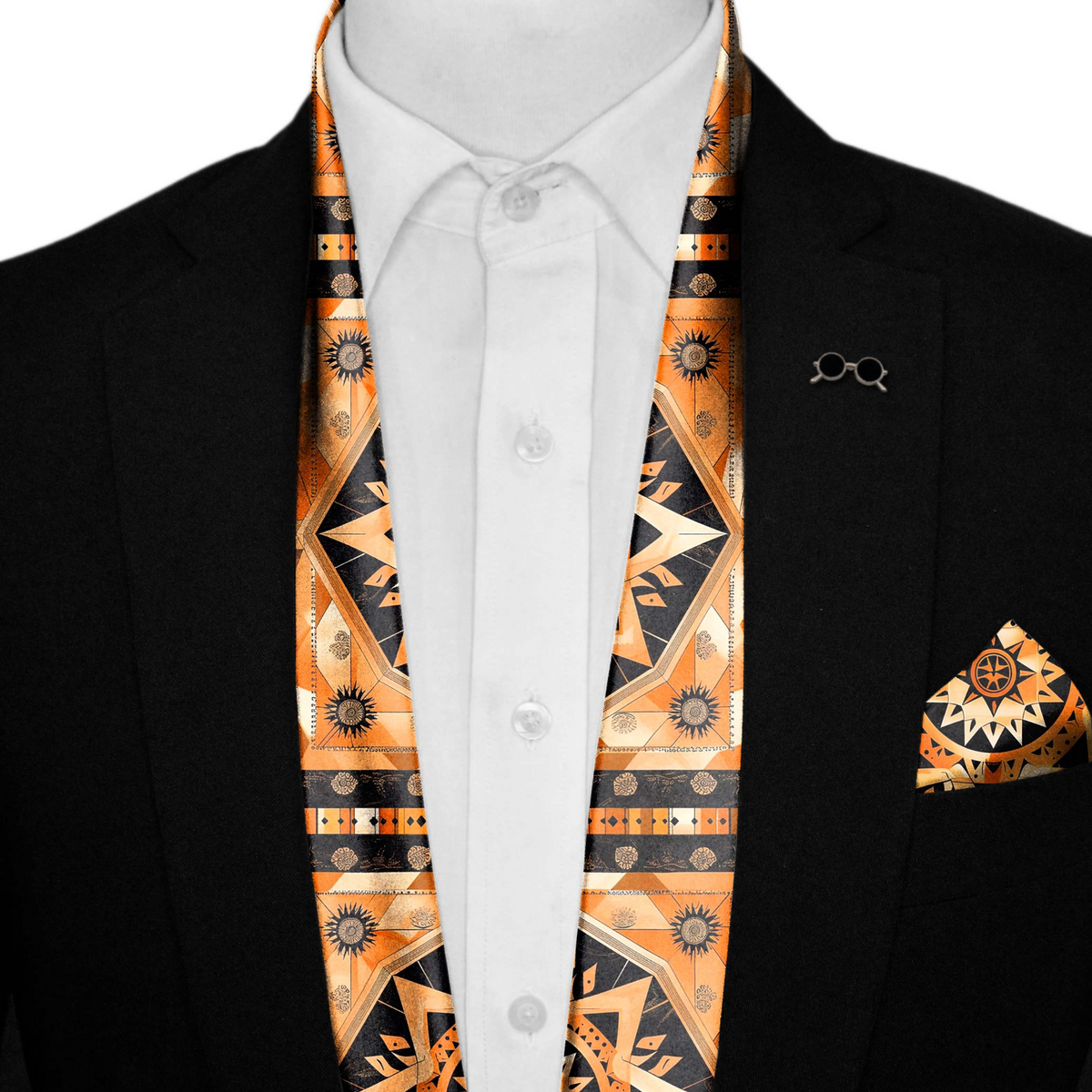 FOLK ART PATTERN SILK SCARF WITH LAPEL PIN AND POCKET SQUARE