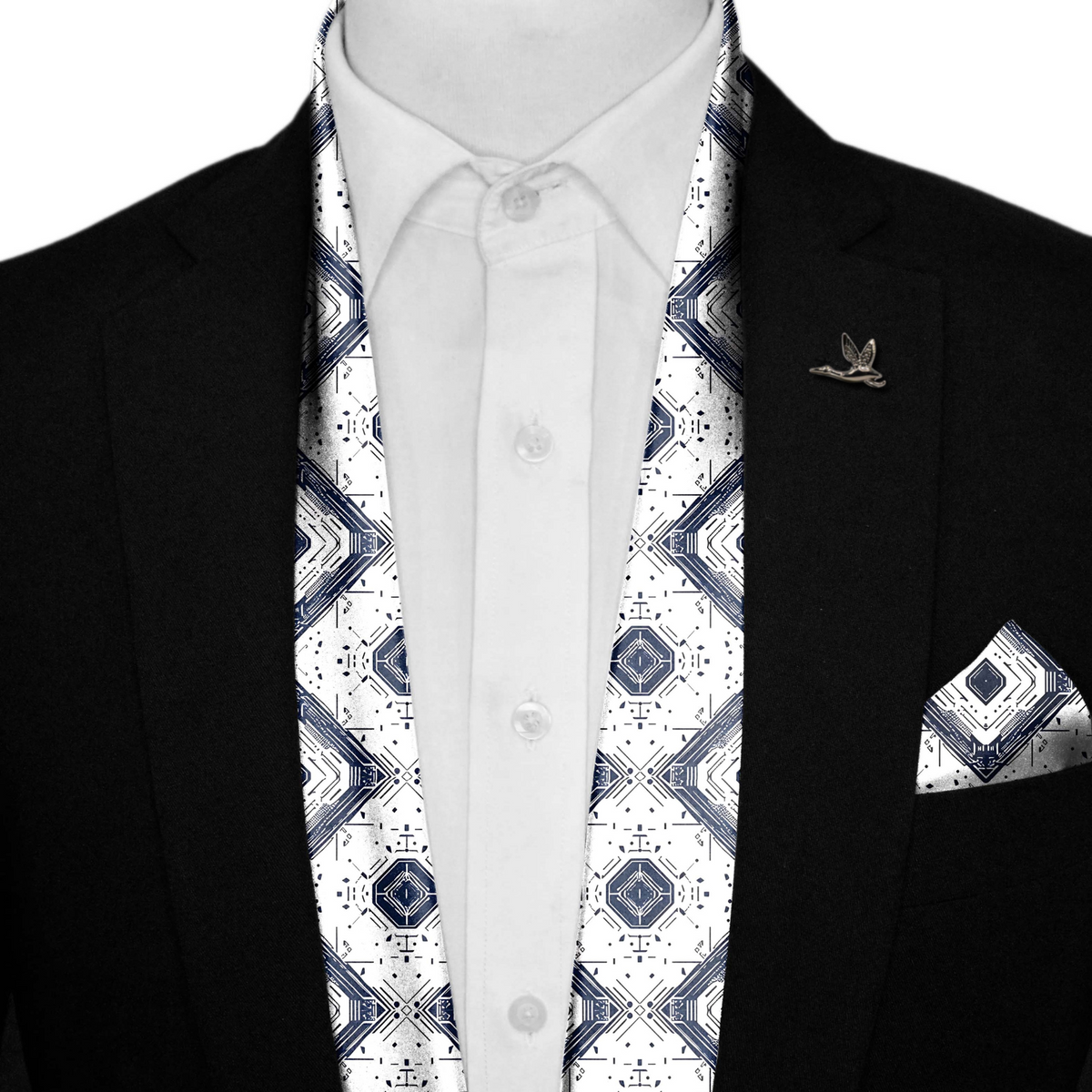 GEOMETRIC ABSTRACT SILK SCARF WITH LAPEL PIN AND POCKET SQUARE