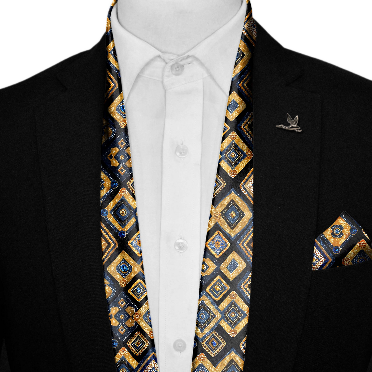 GEOMETRIC ETHNIC SILK SCARF WITH LAPEL PIN AND POCKET SQUARE