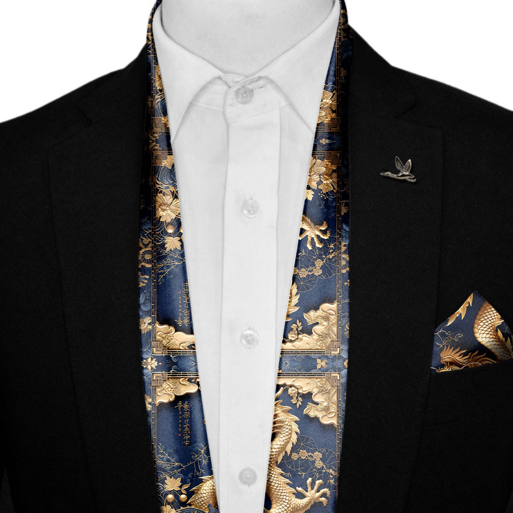 GOLD DRAGON SILK SCARF WITH LAPEL PIN AND POCKET SQUARE